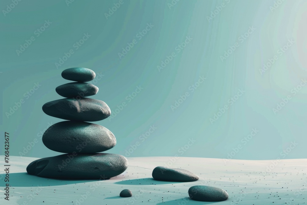 Poster a row of rocks is arranged in a pyramid shape on a beach