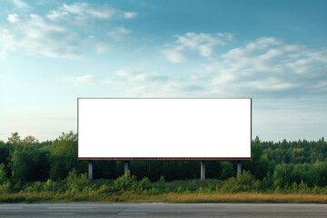 A large billboard sits in a field with trees in the background