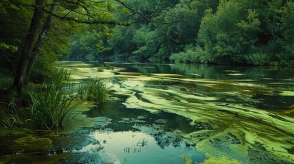 A scenic river landscape with sprawling green algae mats taking over the water creating a sense of eerie stillness. - obrazy, fototapety, plakaty