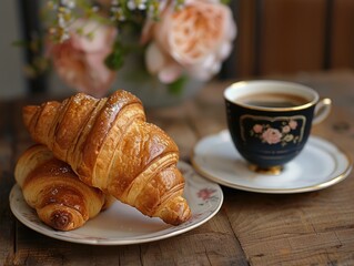 A plate of croissants sits on a wooden table next to a cup of coffee