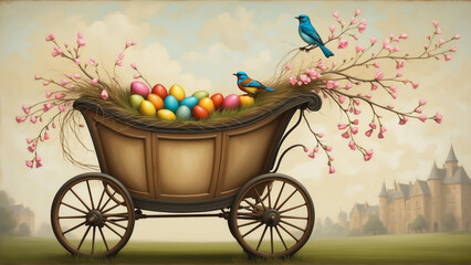 Charming Bluebird on Vintage Fantasy Cart with Easter Eggs, Pastoral Spring Scene, Holiday Greeting Card Design with Floral Elements