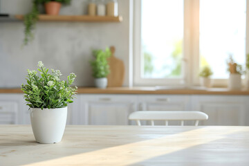 Fototapeta na wymiar Wooden table with potted plant against kitchen window and furniture. Home cozy interior for product advertising.