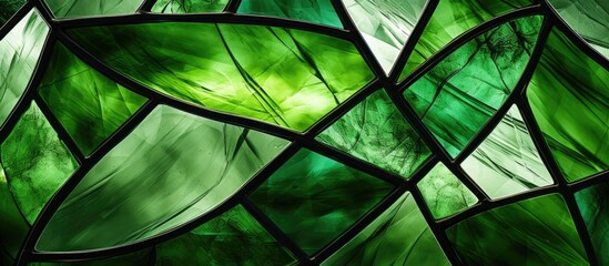 Detailed close-up view of a stained glass window featuring vivid green and white colors, creating a...