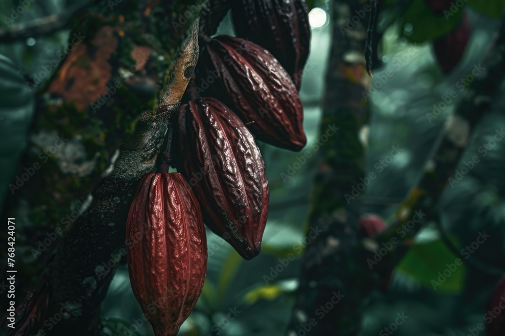 Poster a bunch of red cocoa beans hanging from a tree