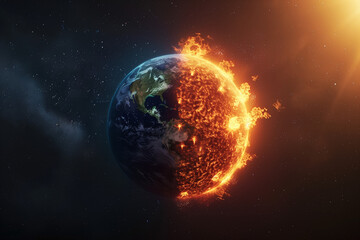 Earth burning up with fire on outer space. Change climate concept.