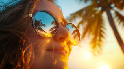 Closeup of the reflections of palm trees at the beach in the sunglasses of a pretty girl looking off to the side in the summer