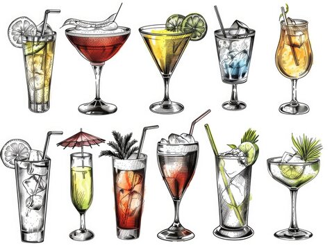 A collection of various drinks in glasses, including martinis, cocktails
