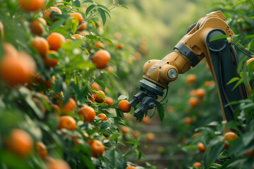 Agricultural intelligence robotic arm working and harvesting tomato in a farm. - obrazy, fototapety, plakaty