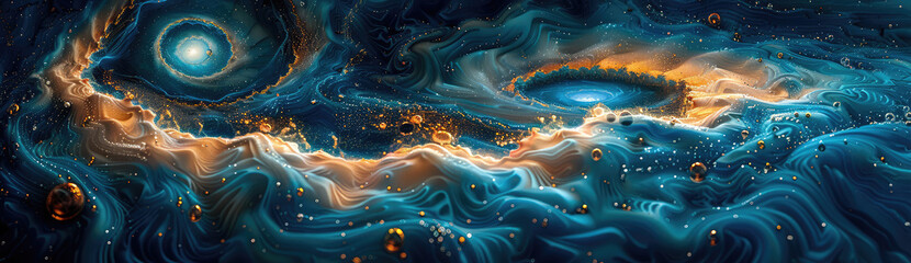 An oil painting of an alien sky, swirling with glowing blue and golden clouds that form the shape of two eyes gazing at each other in profile. Created with Ai