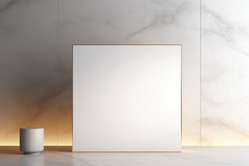 A white frame with a white background sits on a marble floor