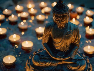 A statue of a Buddha is sitting in a pool of water with candles around it