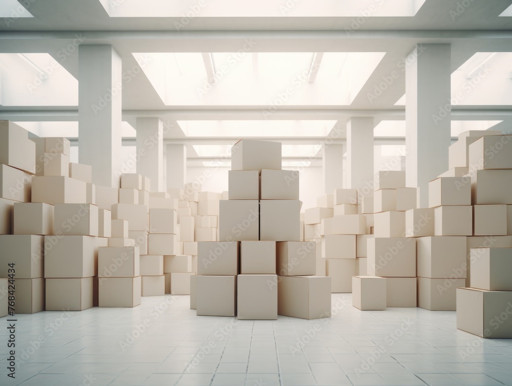 Poster a large room filled with boxes stacked on top of each other