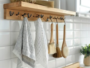 A wooden shelf with a rack holding a bunch of towels and a few cleaning tools