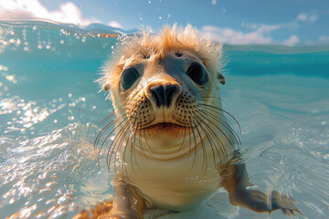 A cute baby seal is swimming in the clear water of an ocean, its eyes wide open as it looks at the camera with a curious and friendly expression. Created with Ai