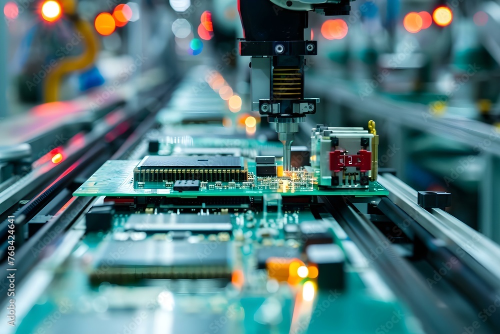 Poster precision electronics assembly using robotic arm in high-tech manufacturing plant. concept high-tech
