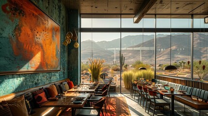 Modern Desert Restaurant Interior with Mountain View - obrazy, fototapety, plakaty