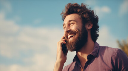 A man with a beard is smiling while talking on his cell phone