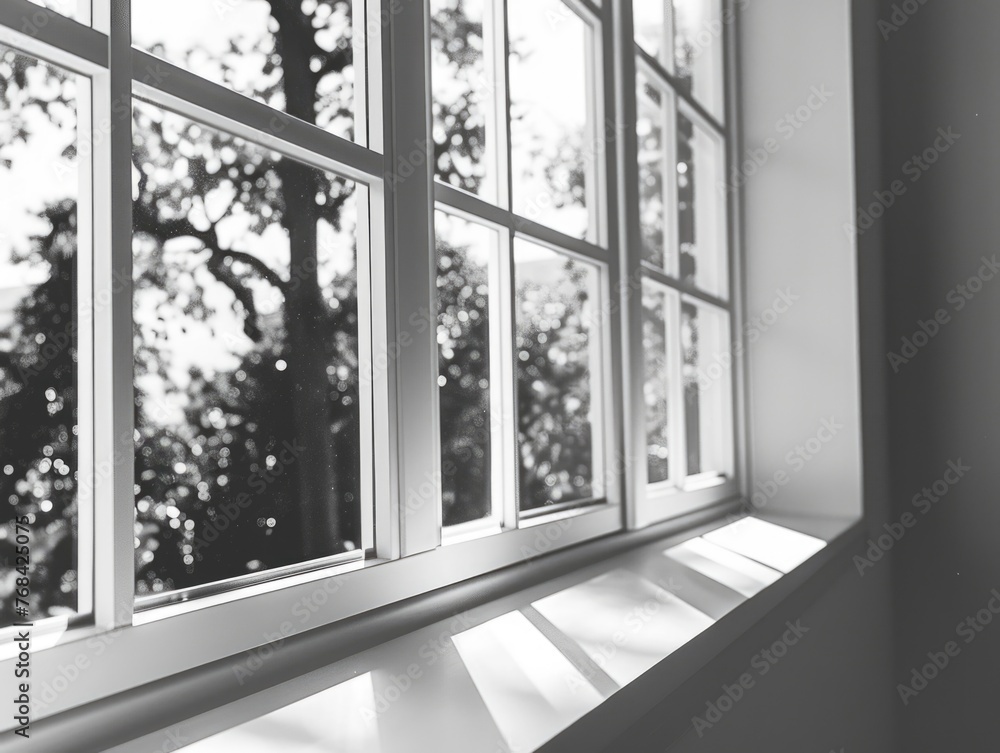 Poster a window with a view of trees and a sunny day