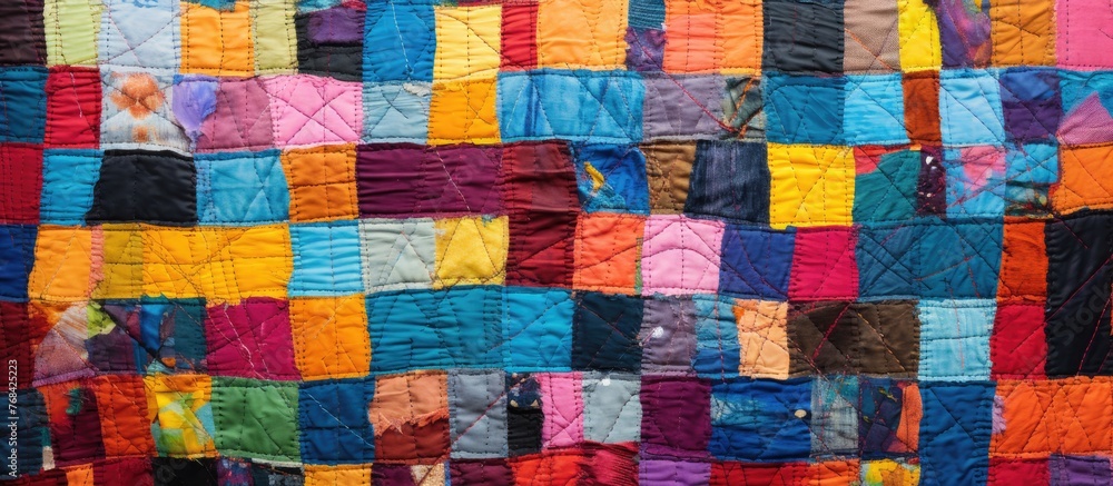 Poster a detailed close-up view of a colorful quilt displaying a variety of squares in different shades and