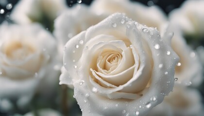 view of aesthetic white roses with drop water background