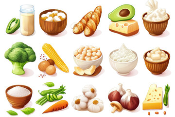 A collection of food items including broccoli, corn, and cheese