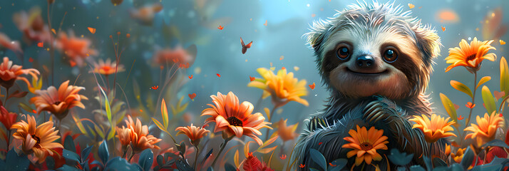 A small cute sloth animal holding a bouquet,
Cute sloth on the background of flowers in the meadow