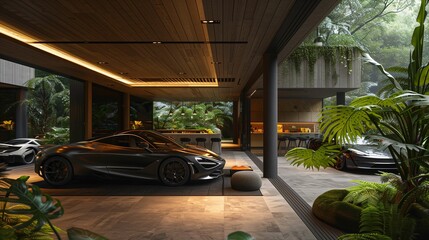 Luxury Cars Displayed in Modern Tropical Villa Garage