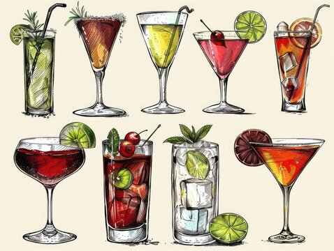 A set of ten different colored cocktails with a lime wedge on top of each