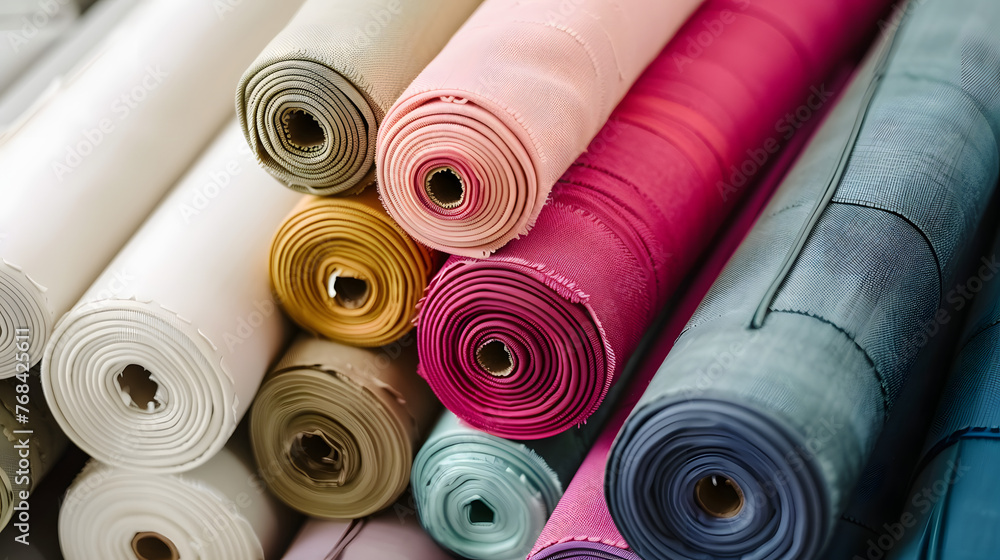 Poster Close-up of various rolls of multicolored fabric stacked