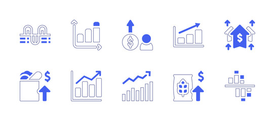 Growth icon set. Duotone style line stroke and bold. Vector illustration. Containing stats, bar chart, wheat, food, graph, income, benefits.
