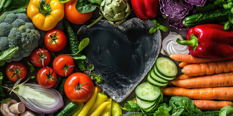 A heart made of vegetables and fruits including tomatoes, carrots, and broccoli - obrazy, fototapety, plakaty