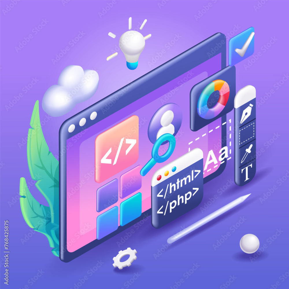 Canvas Prints 3d isometric illustration, cartoon. mobile application, software and web development with shapes, ba