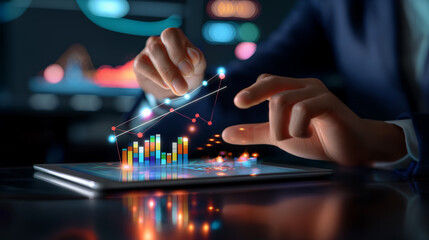 planning and strategy, Stock market, Business growth, progress or success concept. Businessman or trader is use tablet with growing virtual hologram stock graph, invest in trading. investment tech.