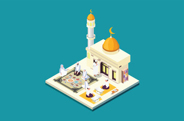 Isometric illustration ramadan kareem eating with family