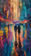 Love Couple in Street Scene Colorful Oil Painting old style Drawing Technique Art HD Print Neo Art V 7 p 47 - obrazy, fototapety, plakaty
