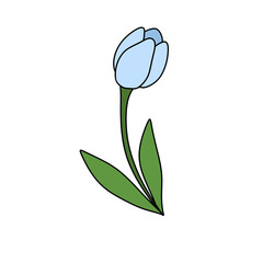 Obraz premium A blue flower with green leaves. The flower is drawn in a cartoon style. Scene is cheerful and lighthearted