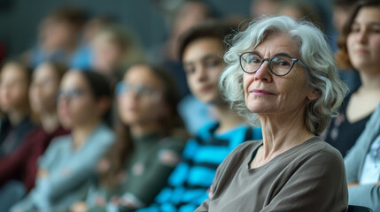 Obraz premium An old, elder lady learning in a lecture with young students