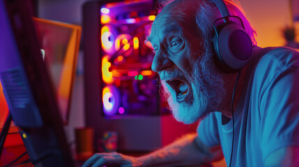 an elderly man playing a computer game. - obrazy, fototapety, plakaty