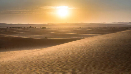 Fototapeta na wymiar 夕暮れの砂漠。広大な砂漠地帯の夕焼け。Desert at dusk. Sunset over a vast desert area.