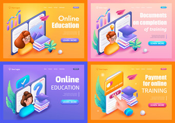 Kit Trending Landing Pages, 3D Isometric illustration, Cartoon. Online education, Documents on completion of training, Payment for online education