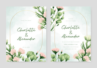 Pink and green peony floral wedding invitation card template set with flowers frame decoration