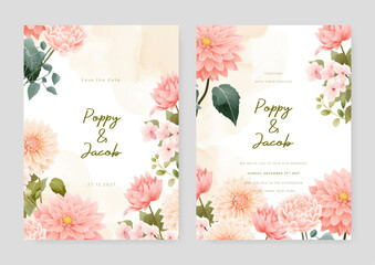 Pink chrysanthemum wedding invitation card template with flower and floral watercolor texture vector