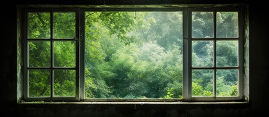 Through the window, a detailed close-up reveals a serene view of a lush forest with tall trees and greenery