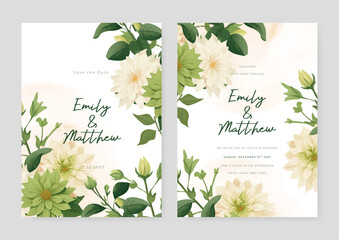 Green and white chrysanthemum elegant wedding invitation card template with watercolor floral and leaves