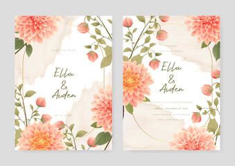 Pink chrysanthemum beautiful wedding invitation card template set with flowers and floral