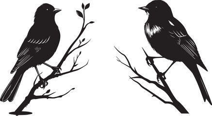 Set of Bird on a Tree branch black silhouette