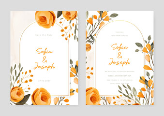 Orange rose floral wedding invitation card template set with flowers frame decoration
