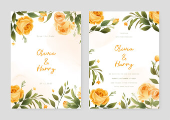 Orange rose vector wedding invitation card set template with flowers and leaves watercolor