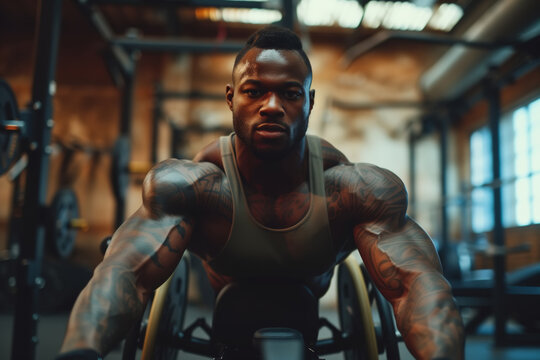 Close-up of a muscular African American disabled Paralympic athlete in a wheelchair lifting a barbell in the gym