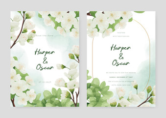 White orchid luxury wedding invitation with golden line art flower and botanical leaves, shapes, watercolor